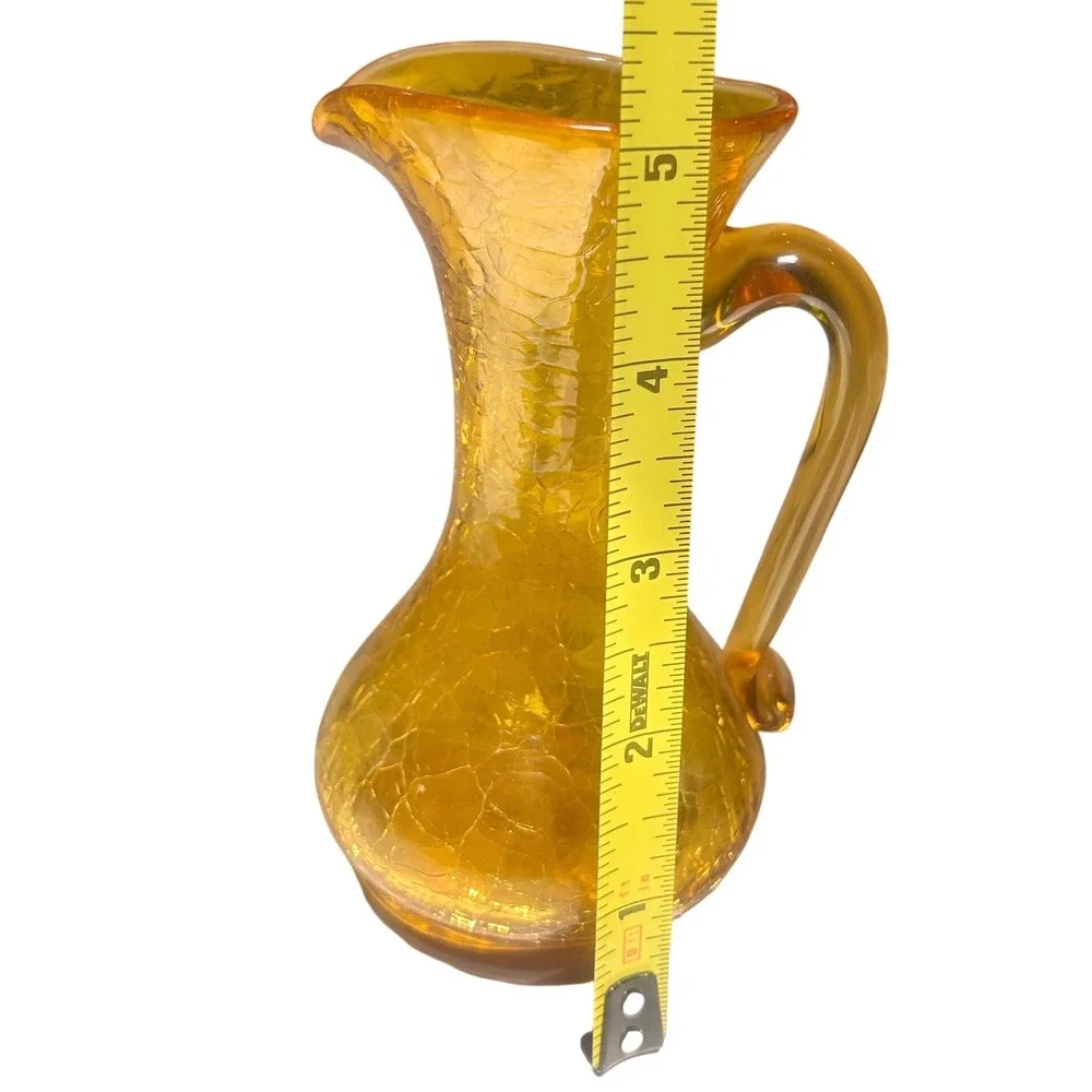 Vintage Amber Crackle Glass Pitcher Small Hand Blown Decorative Vase Gold 5.5